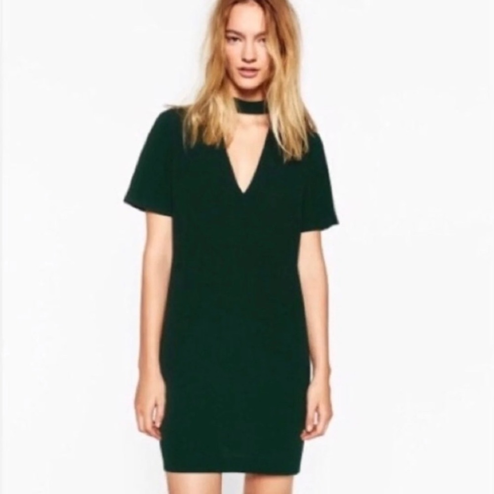 New Zara Emerald Green V Neck Choker Mini Dress S